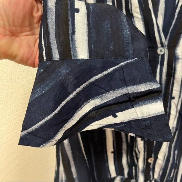 Habitat Navy & White Striped Button Front Blouse with Bell Sleeves Sz S - Picture 3 of 4